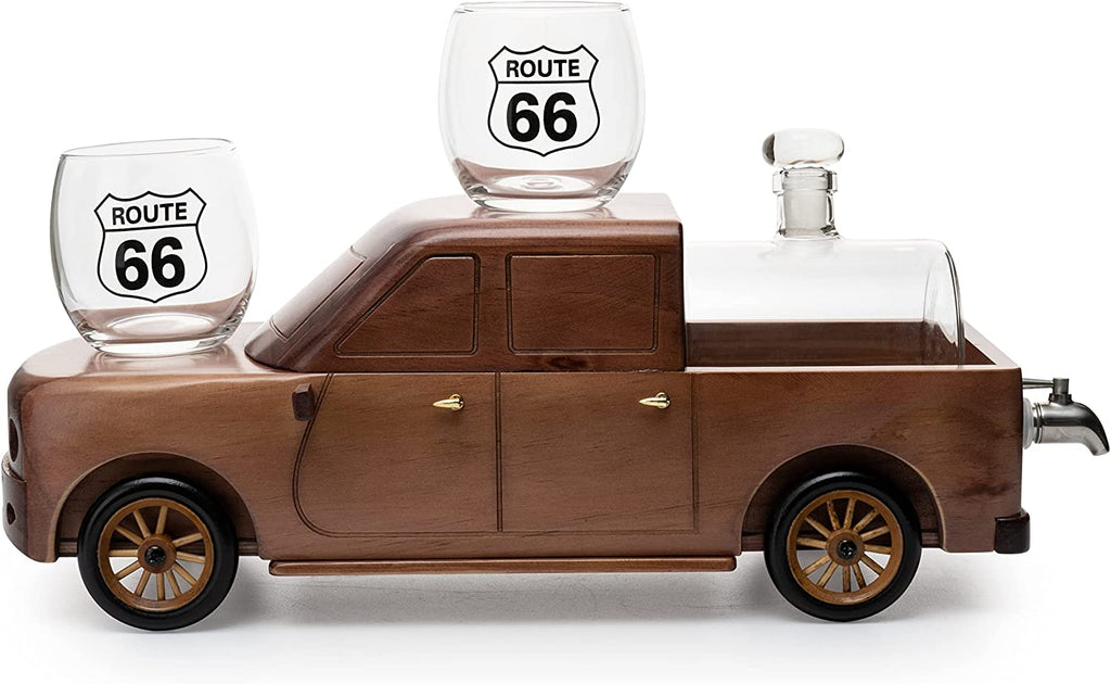 Pickup Truck Wine & Whiskey Decanter -500 ml & Two 12 Oz Route 66 Glasses The Wine Savant - Alaska Gifts, Dad Driver Trucker Gifts, Truck, Truck Decor, Gifts for Car Enthusiasts