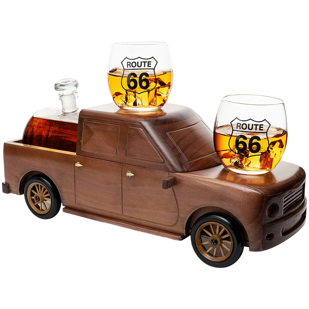 Pickup Truck Wine & Whiskey Decanter -500 ml & Two 12 Oz Route 66 Glasses The Wine Savant - Alaska Gifts, Dad Driver Trucker Gifts, Truck, Truck Decor, Gifts for Car Enthusiasts
