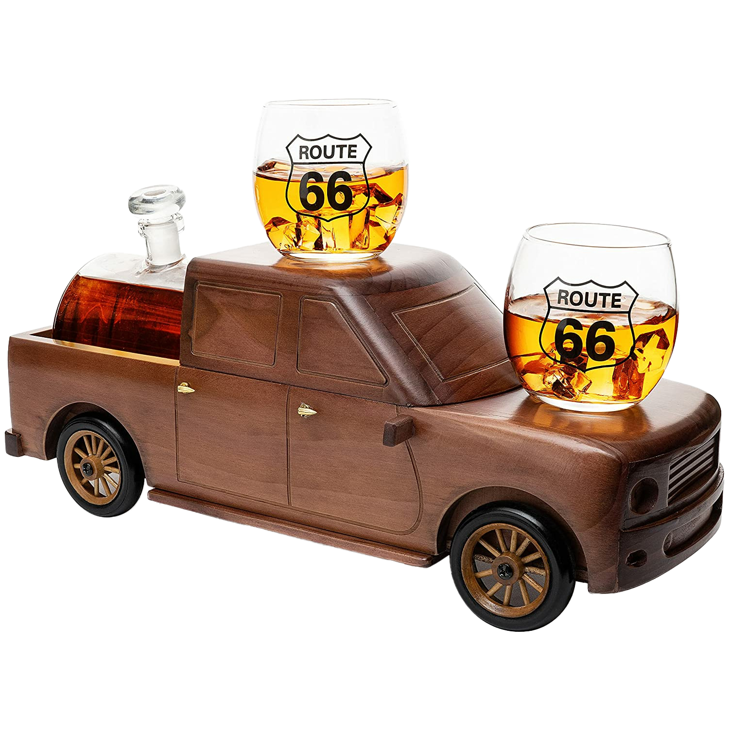 Pickup Truck Wine & Whiskey Decanter -500 ml & Two 12 Oz Route 66 Glasses The Wine Savant - Alaska Gifts, Dad Driver Trucker Gifts, Truck, Truck Decor, Gifts for Car Enthusiasts