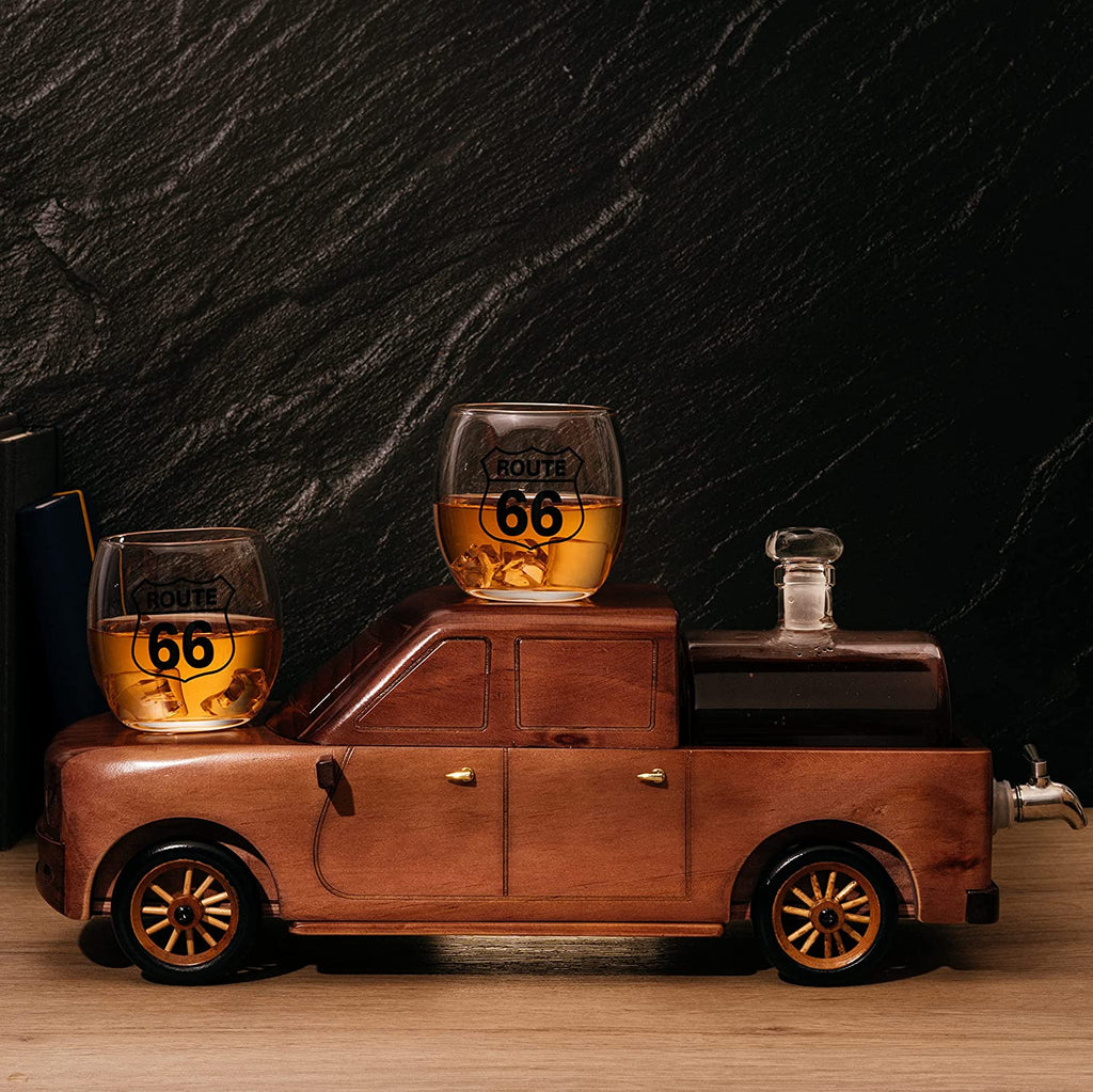 Pickup Truck Wine & Whiskey Decanter -500 ml & Two 12 Oz Route 66 Glasses The Wine Savant - Alaska Gifts, Dad Driver Trucker Gifts, Truck, Truck Decor, Gifts for Car Enthusiasts