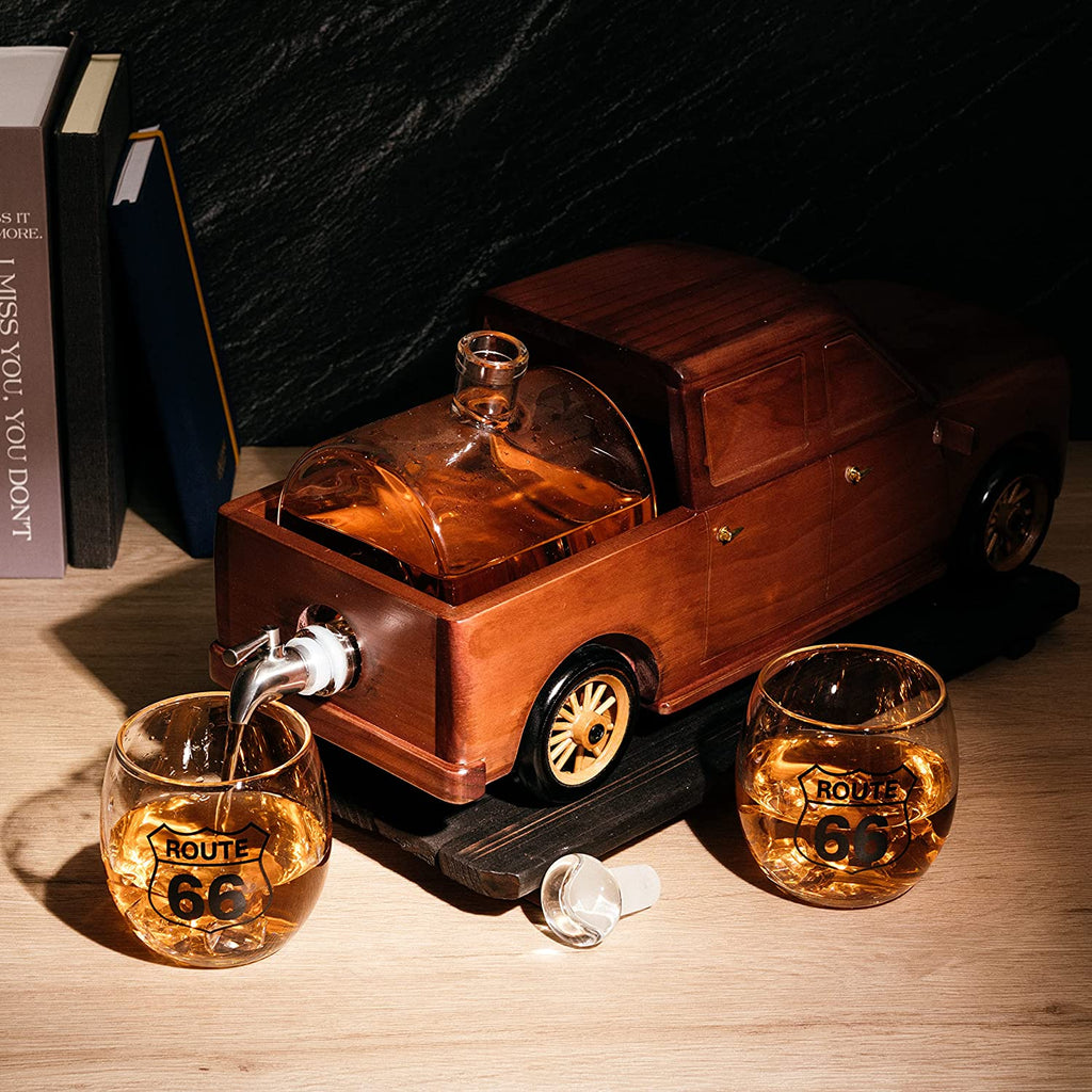 Pickup Truck Wine & Whiskey Decanter -500 ml & Two 12 Oz Route 66 Glasses The Wine Savant - Alaska Gifts, Dad Driver Trucker Gifts, Truck, Truck Decor, Gifts for Car Enthusiasts