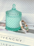 CHELSEA Luxury Candle Home Decor Designer Scented Inspired By 23 London. A hand-poured soy candle in Tiffany blue glass, blending labdanum, incense, patchouli, sandalwood, and vanilla into a quiet, elegant warmth.