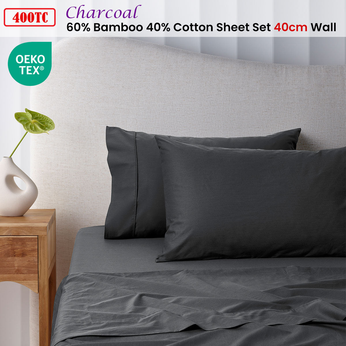 NNEDSZ 400TC Charcoal Bamboo Cotton Sheet Set 40cm Wall King Single